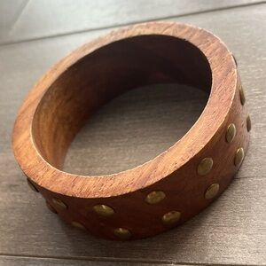 Vintage 1970s Wooden Bangle Bracelet Brass Studs Chunky Statement Cuff